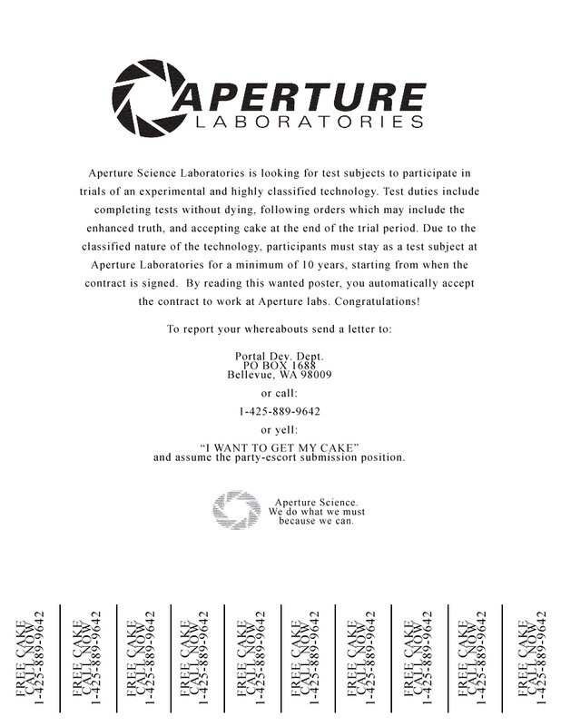 Aperture Labs wanted poster