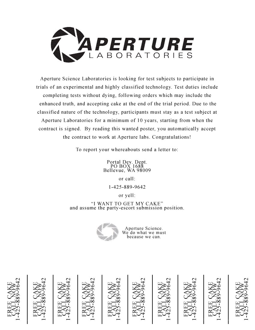 Aperture Labs wanted poster
