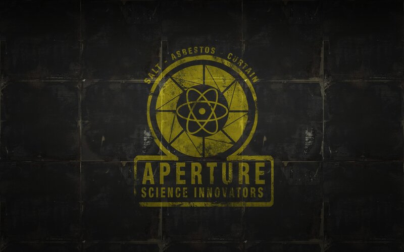 Aperture Science Logo — Black, Dramatic, Digital Art, Atom Symbol, Text