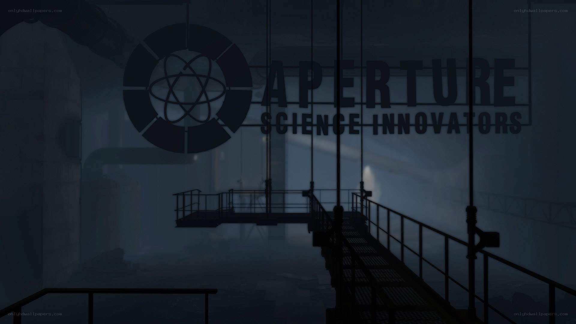 Aperture Science logo in dark facility