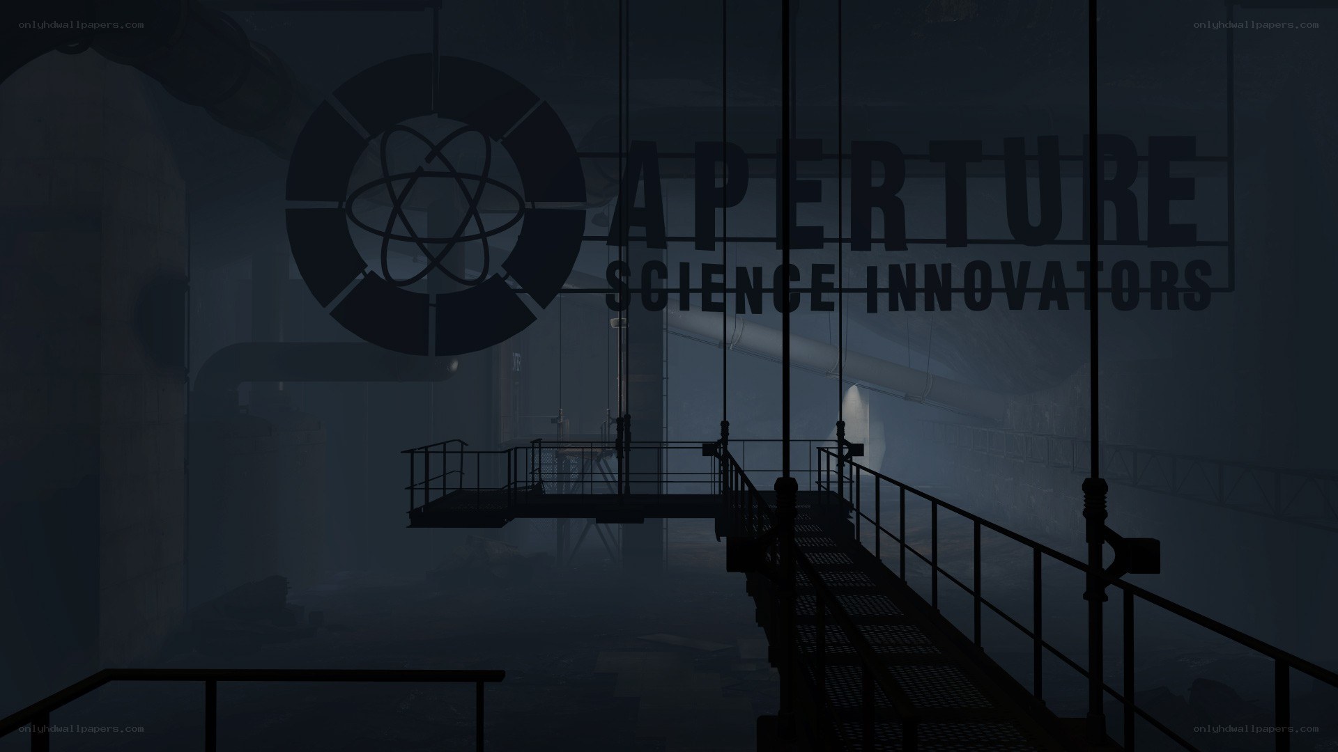 Aperture Science logo in dark facility