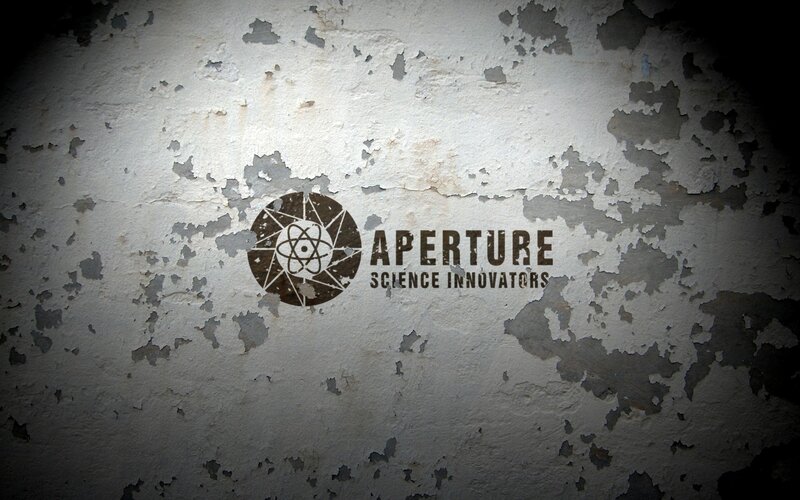 Aperture Science logo on peeling wall