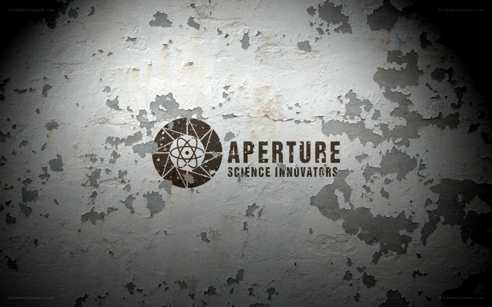 Aperture Science logo on peeling wall