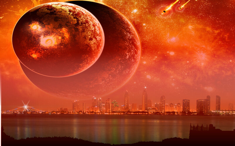 Apocalyptic city under alien sky