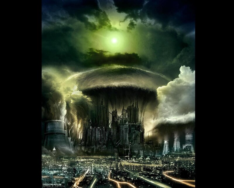 Apocalyptic city under green sky