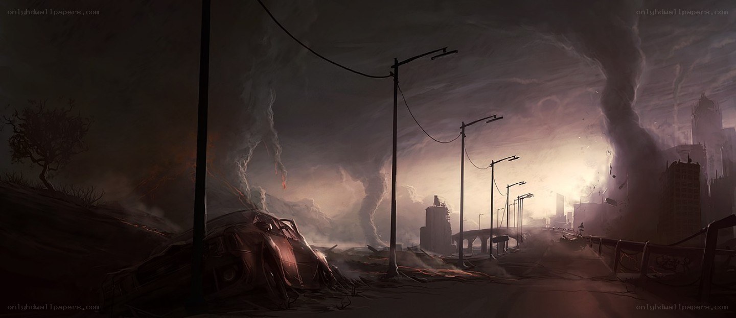 Apocalyptic city under tornadoes