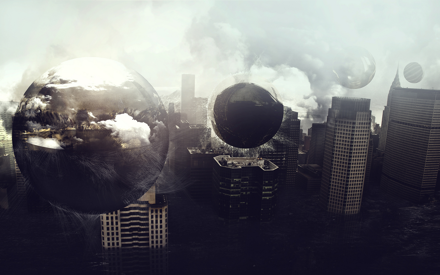 apocalyptic city with floating spheres
