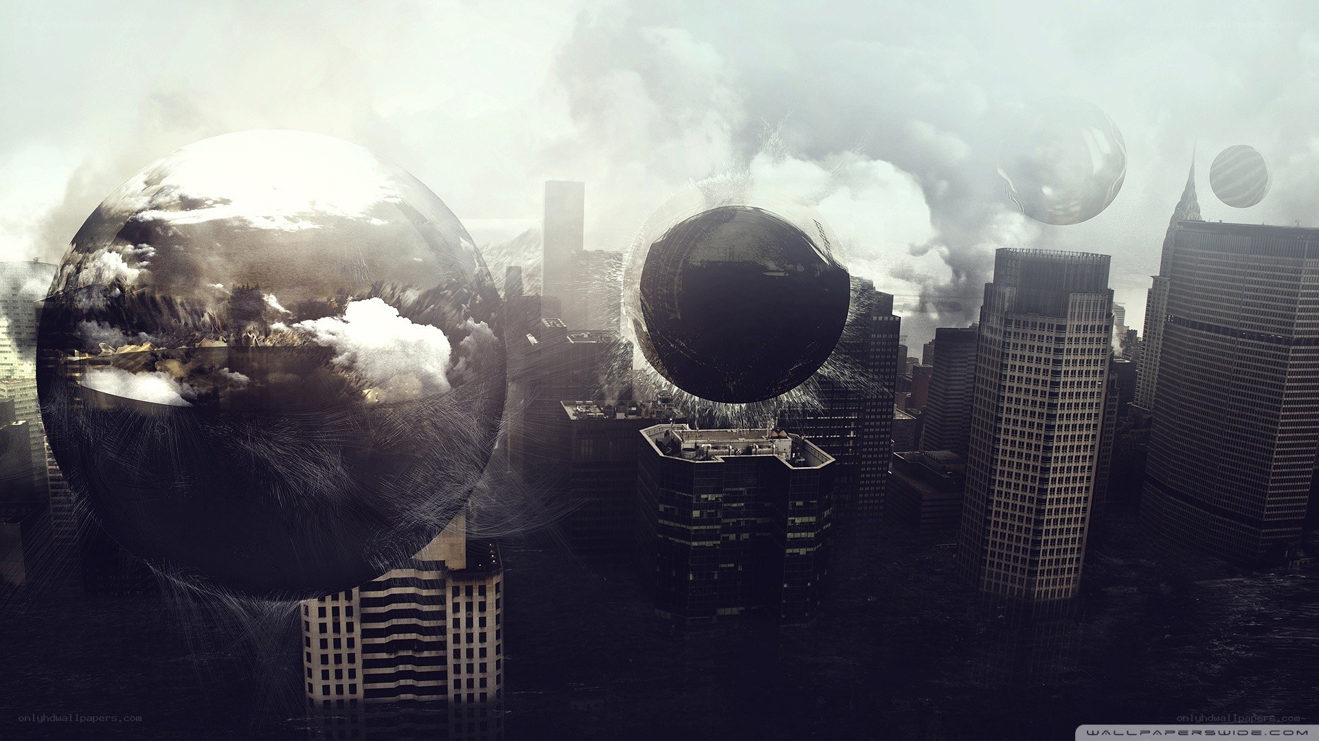 apocalyptic city with floating spheres