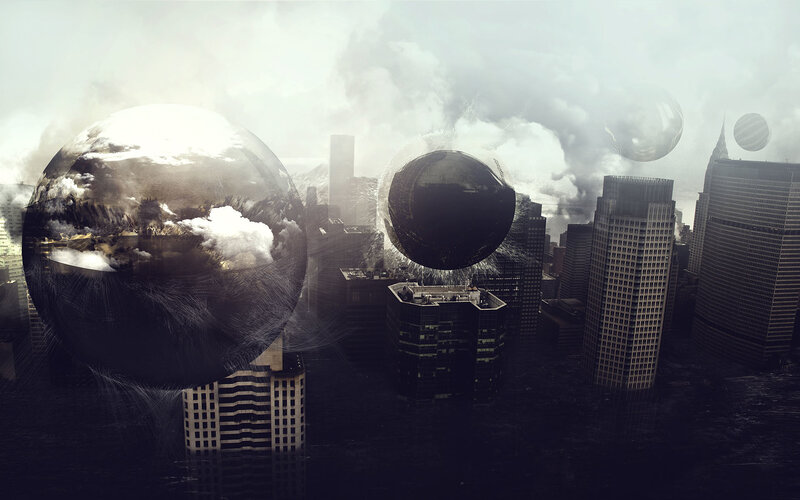 apocalyptic city with floating spheres