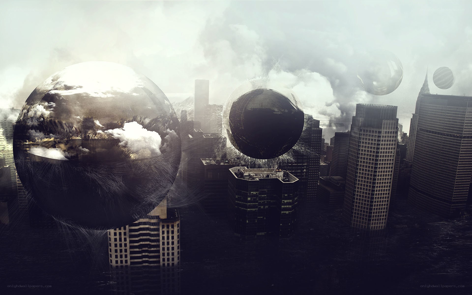 apocalyptic city with floating spheres