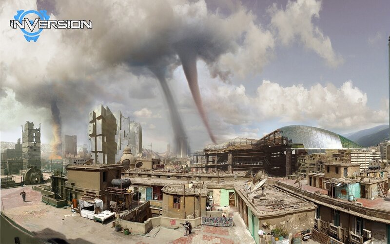 Apocalyptic city with tornadoes