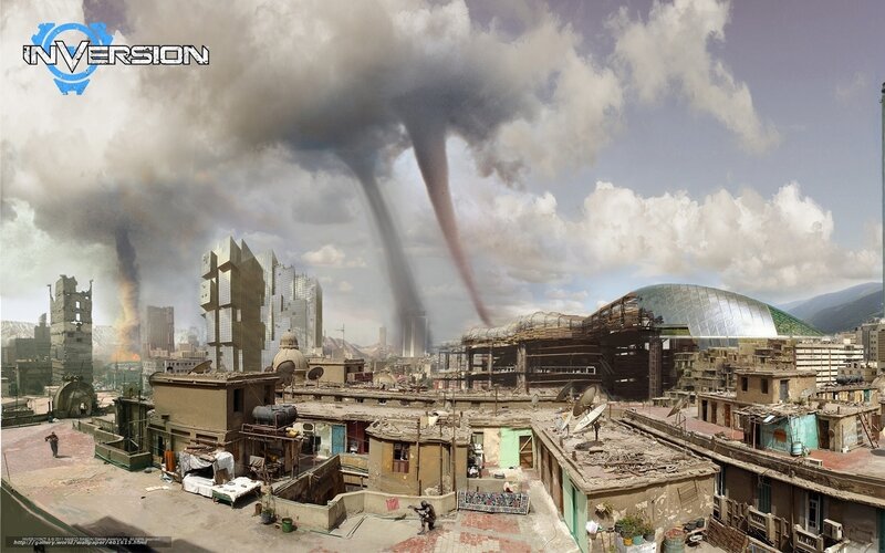 Apocalyptic city with tornadoes