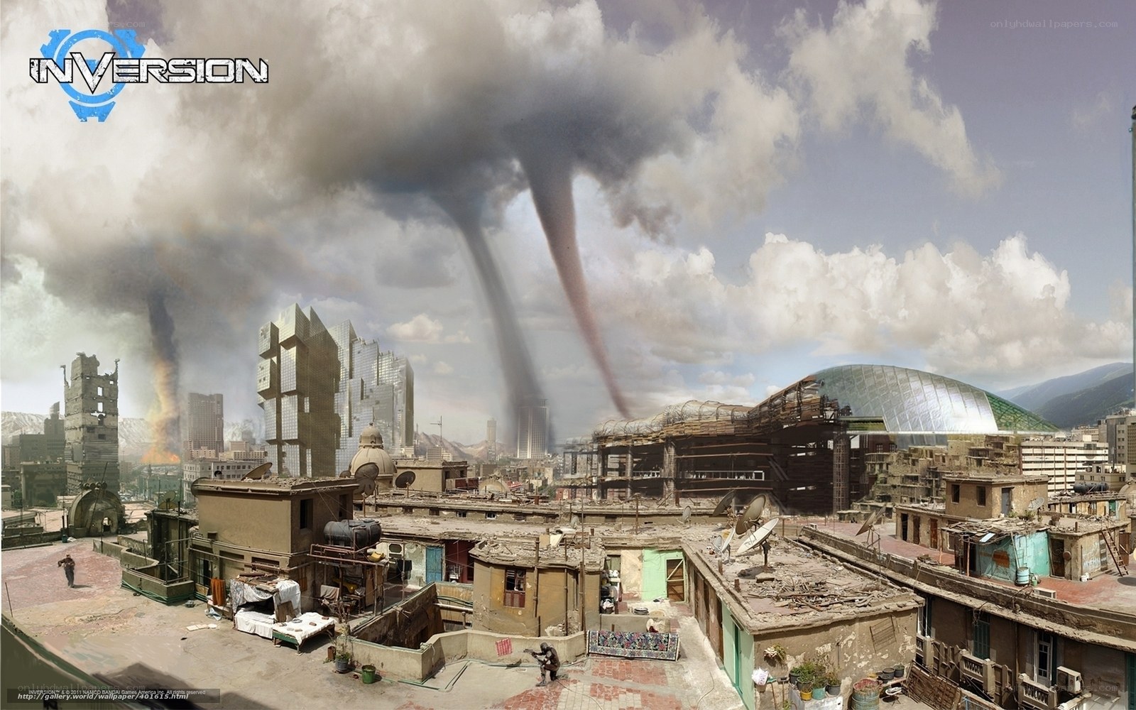 Apocalyptic city with tornadoes