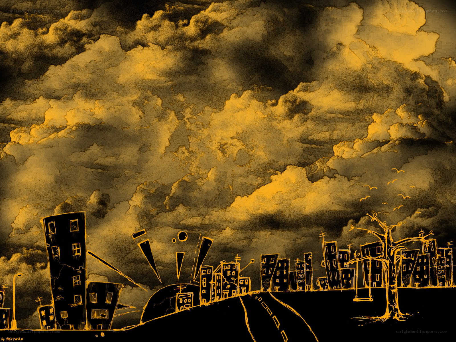 Apocalyptic cityscape at dusk