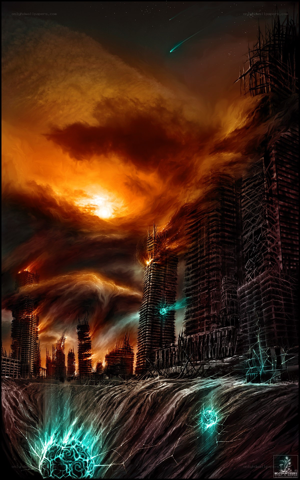 Apocalyptic cityscape at dusk