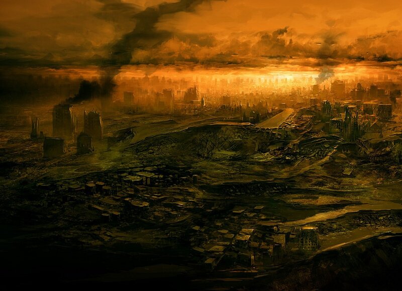 apocalyptic cityscape at sunset