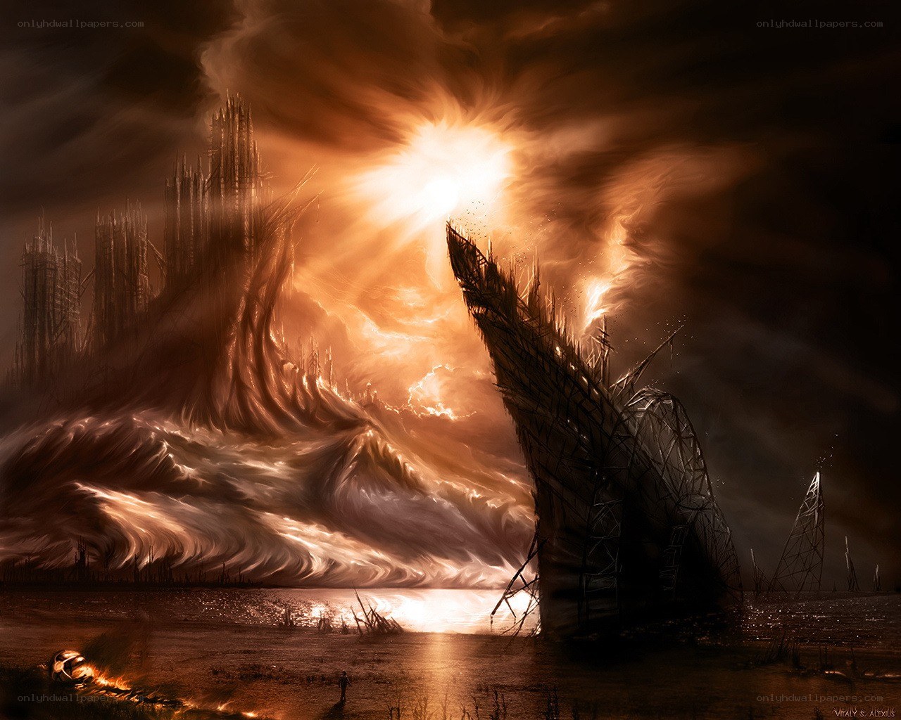 Apocalyptic cityscape at sunset