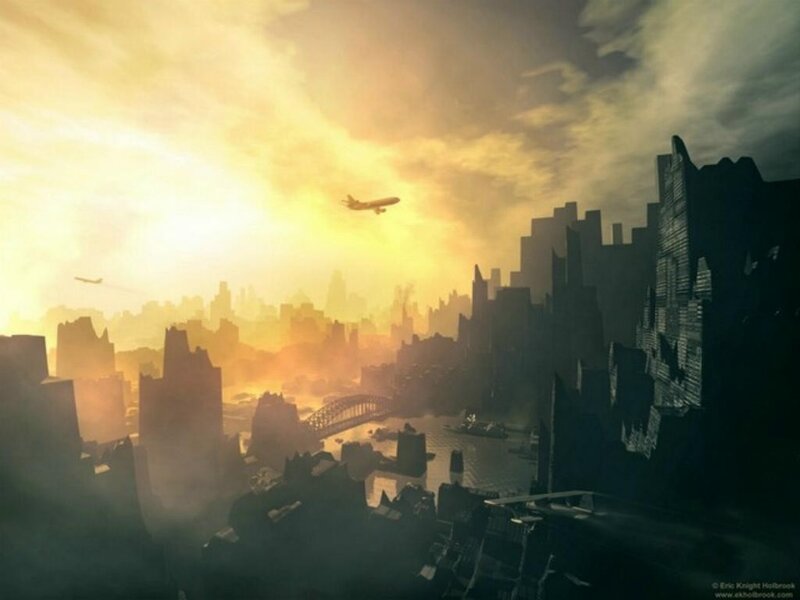 apocalyptic cityscape at sunset