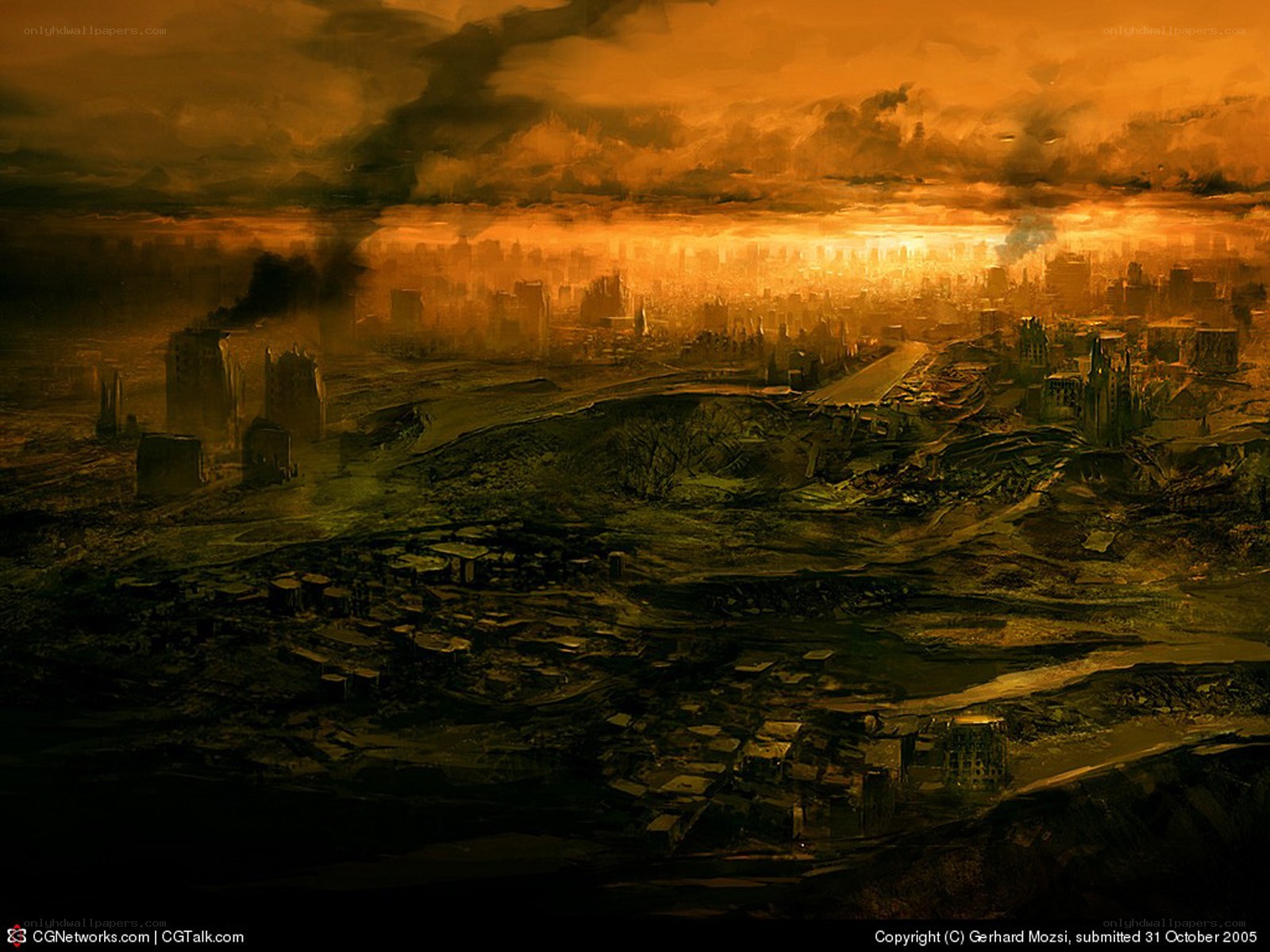apocalyptic cityscape at sunset