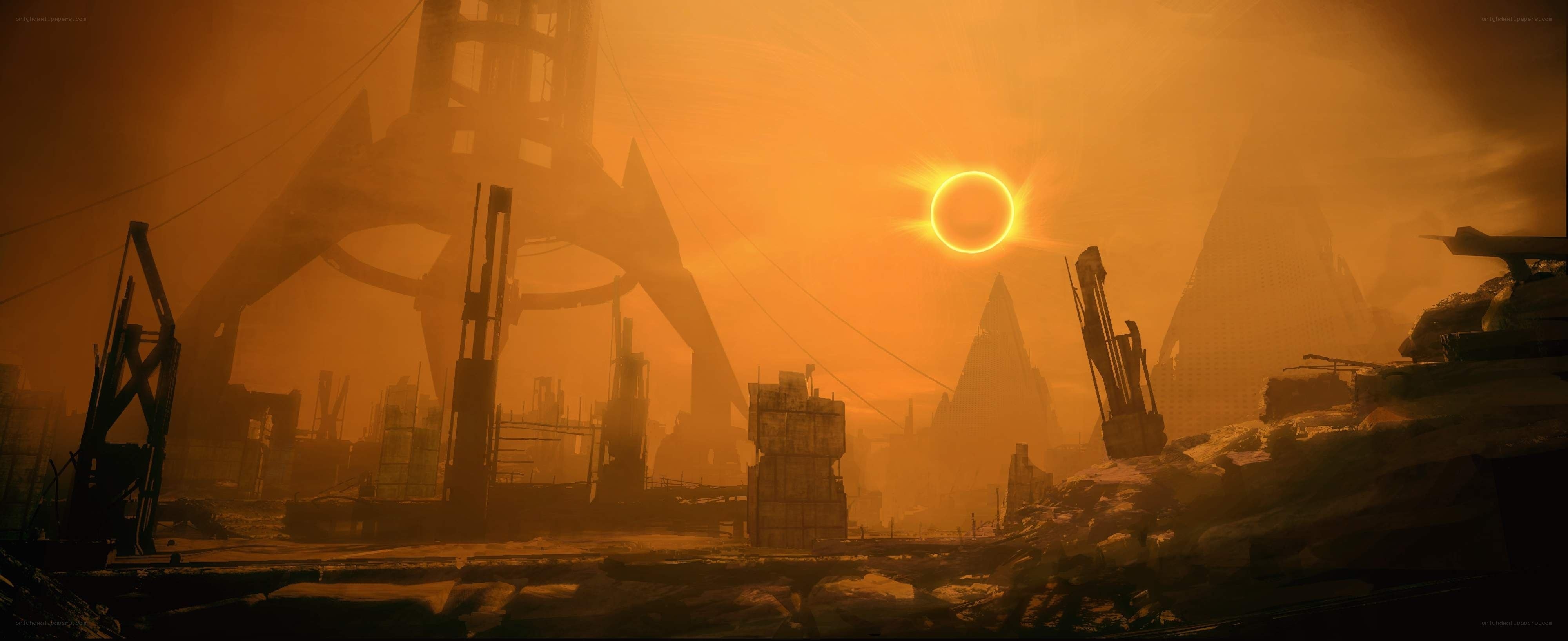 apocalyptic cityscape at sunset