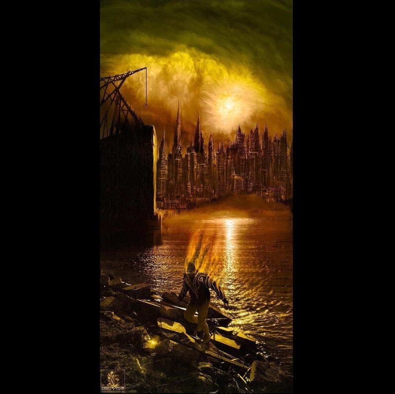 apocalyptic cityscape at sunset