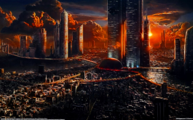 apocalyptic cityscape at sunset