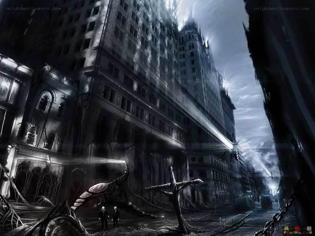 apocalyptic cityscape with alien creatures