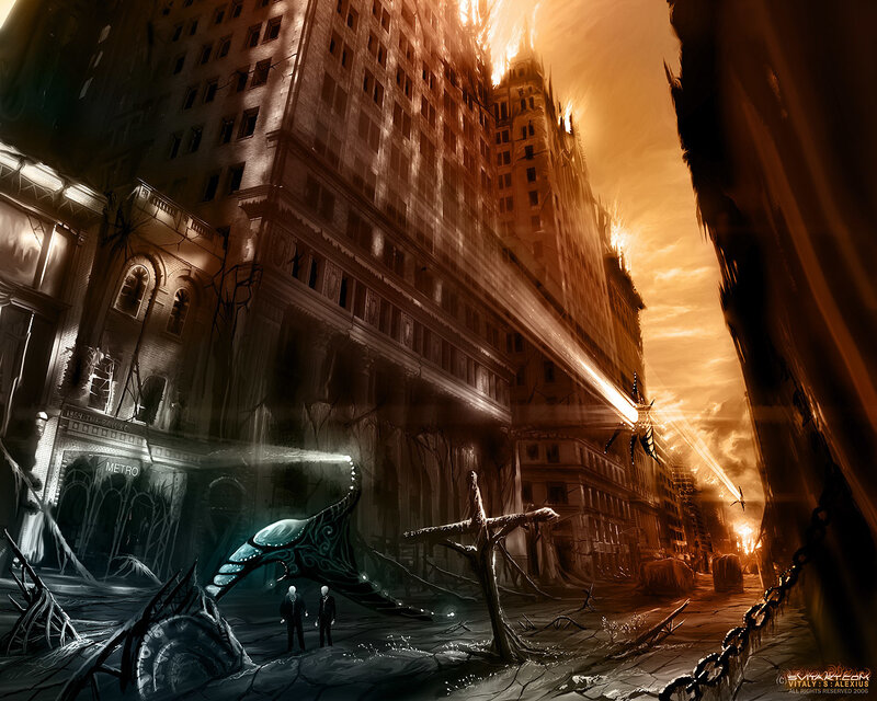 apocalyptic cityscape with alien creatures