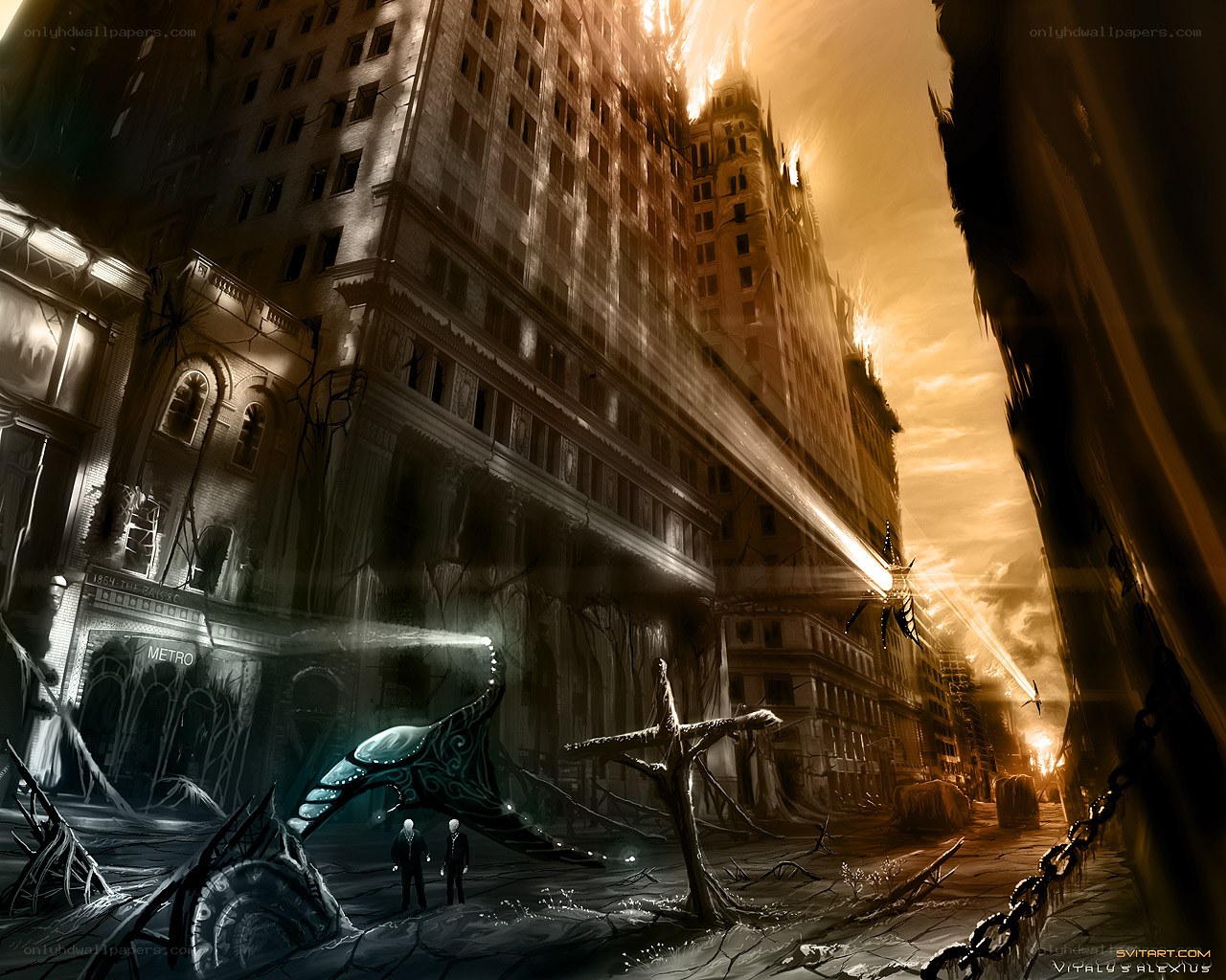 apocalyptic cityscape with alien creatures