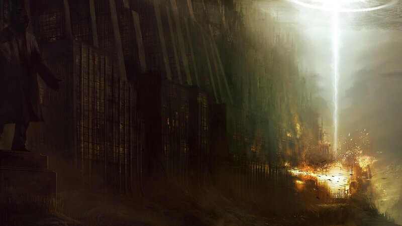 apocalyptic cityscape with beam of light