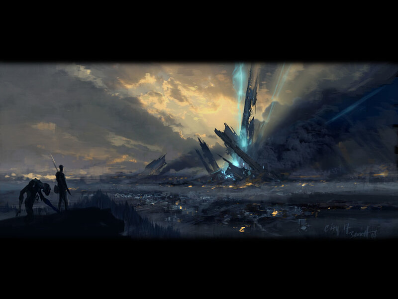 Apocalyptic cityscape with fallen towers