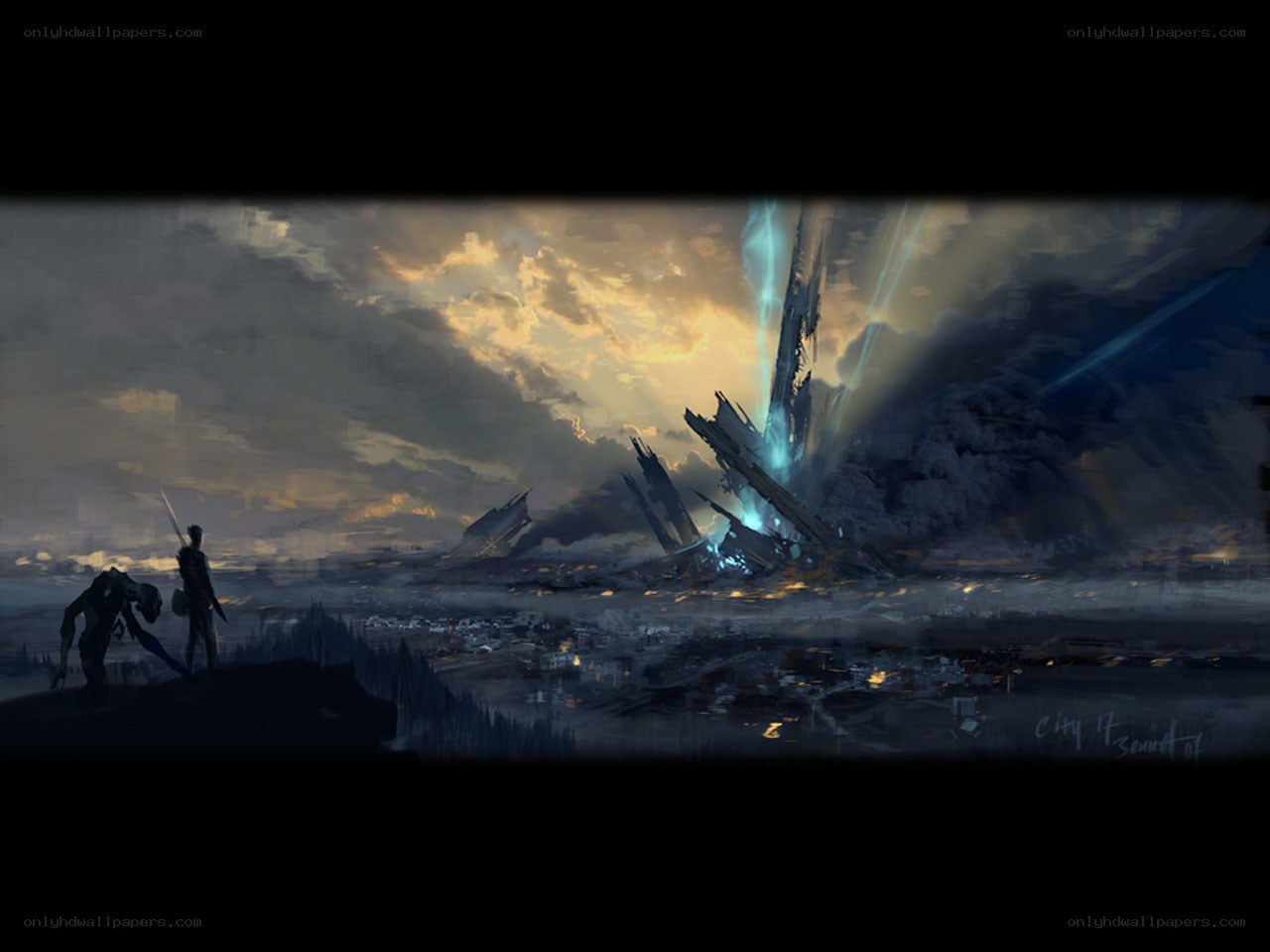 Apocalyptic cityscape with fallen towers