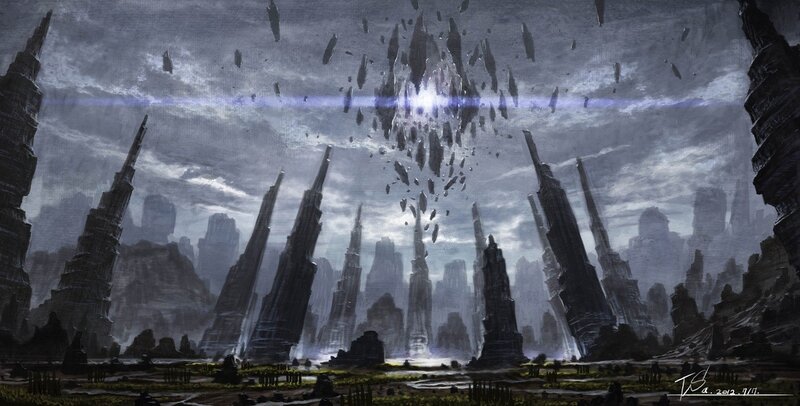 apocalyptic cityscape with falling debris