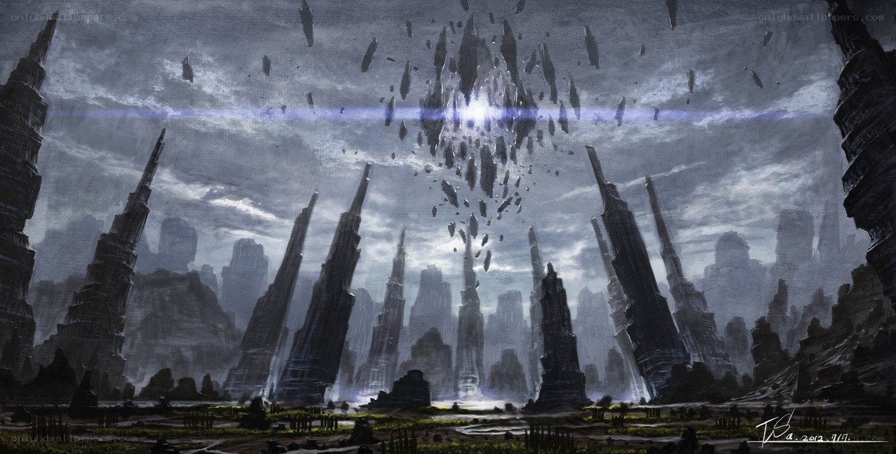 apocalyptic cityscape with falling debris