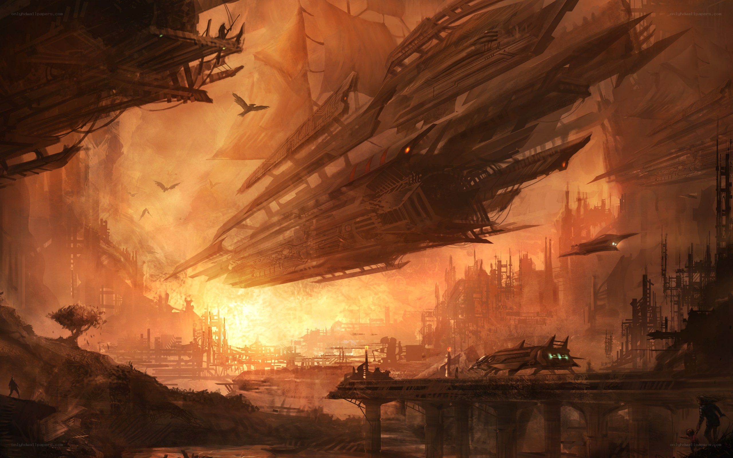 Apocalyptic cityscape with flying ships
