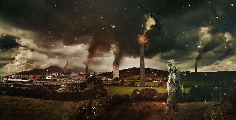 Apocalyptic cityscape with gas mask