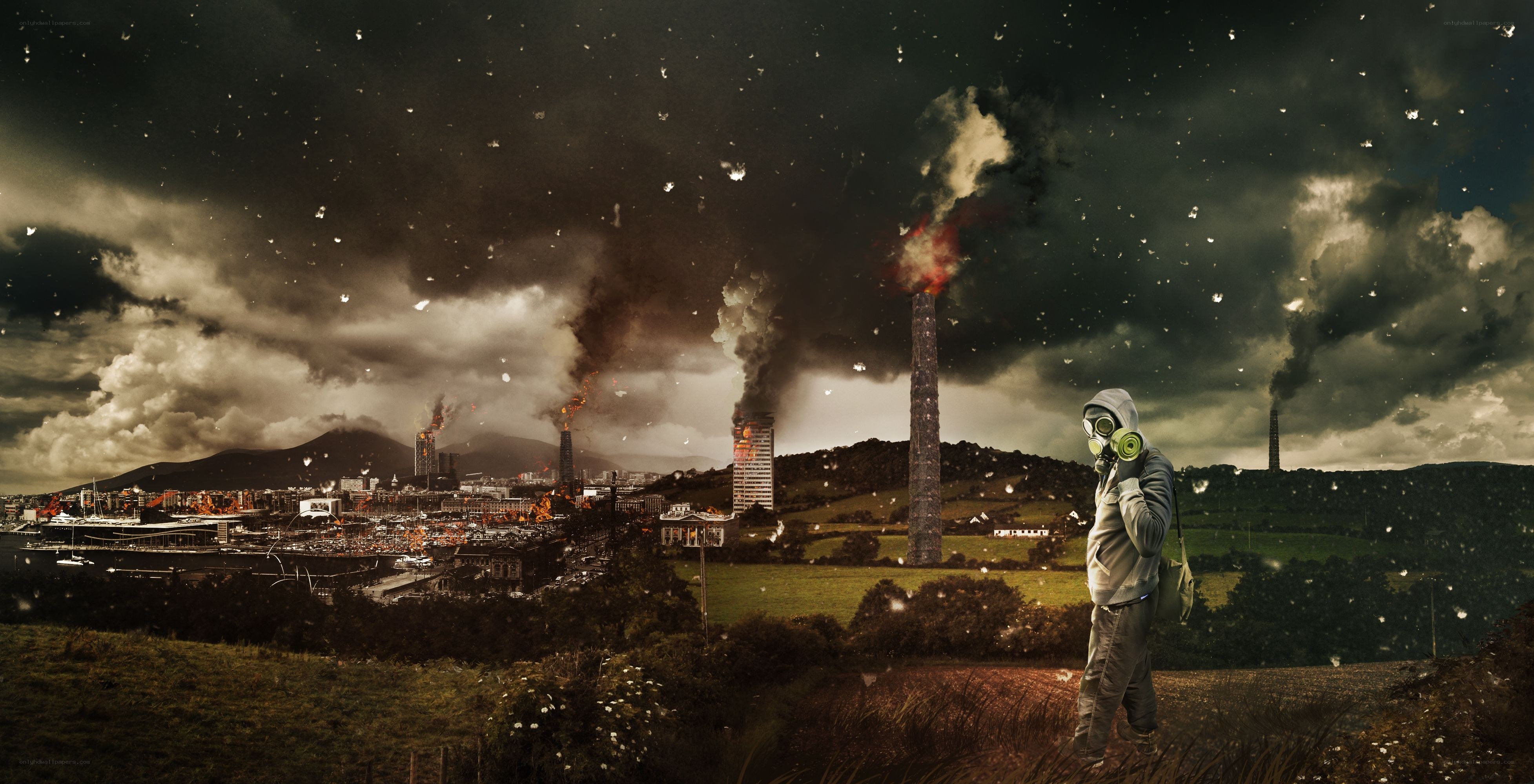 Apocalyptic cityscape with gas mask