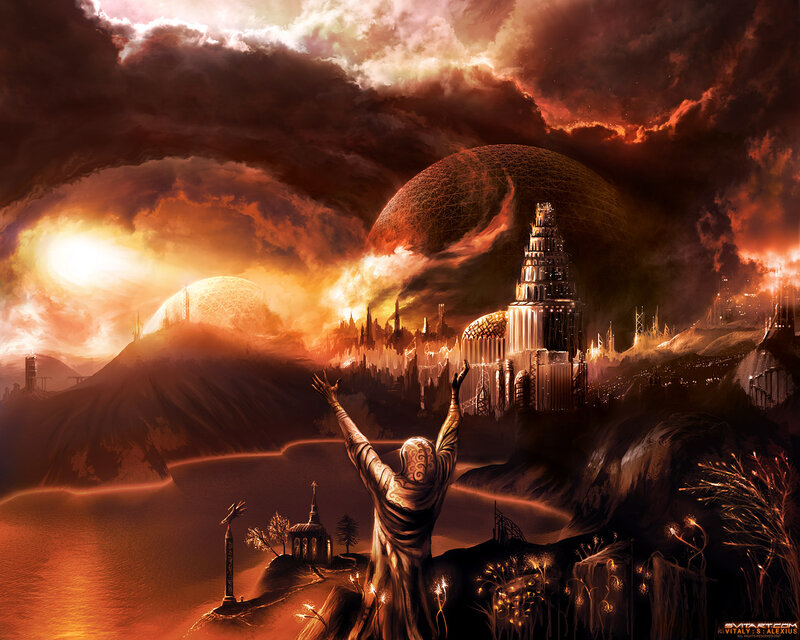apocalyptic cityscape with glowing structures