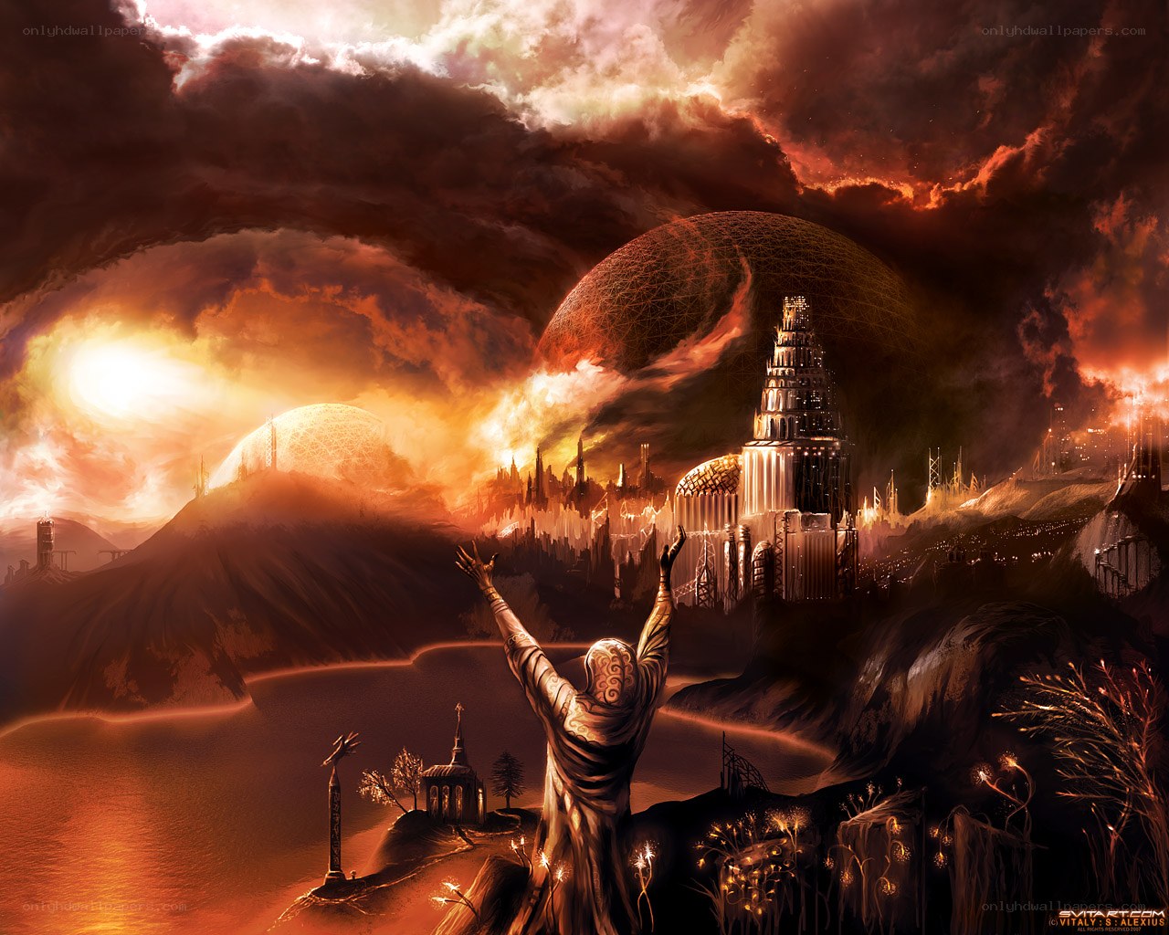 apocalyptic cityscape with glowing structures