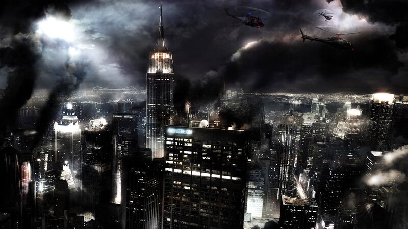 Apocalyptic cityscape with helicopters