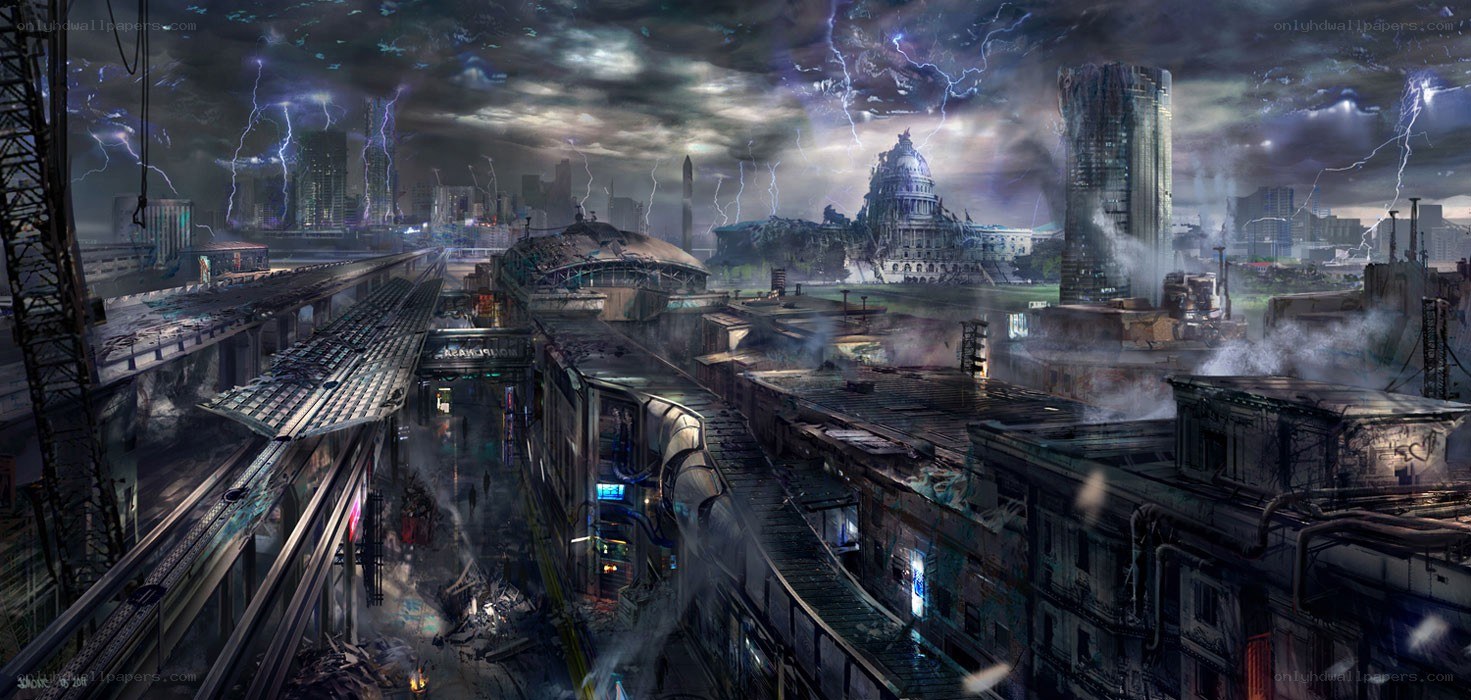 apocalyptic cityscape with lightning