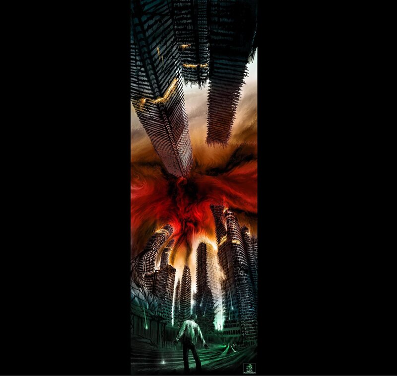apocalyptic cityscape with red vortex