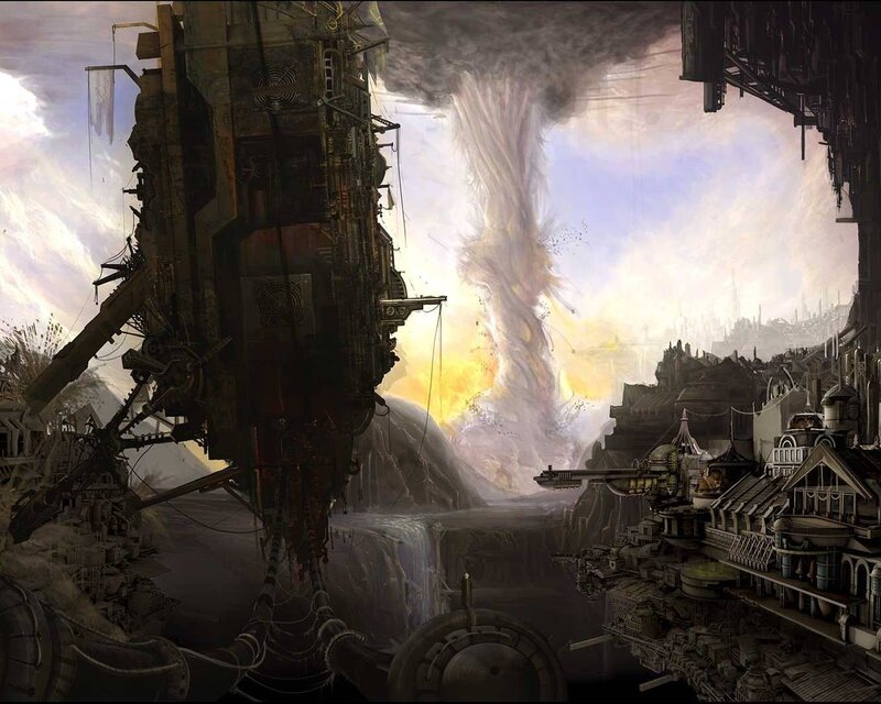 Apocalyptic cityscape with tornado