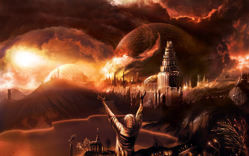 apocalyptic cityscape with tower
