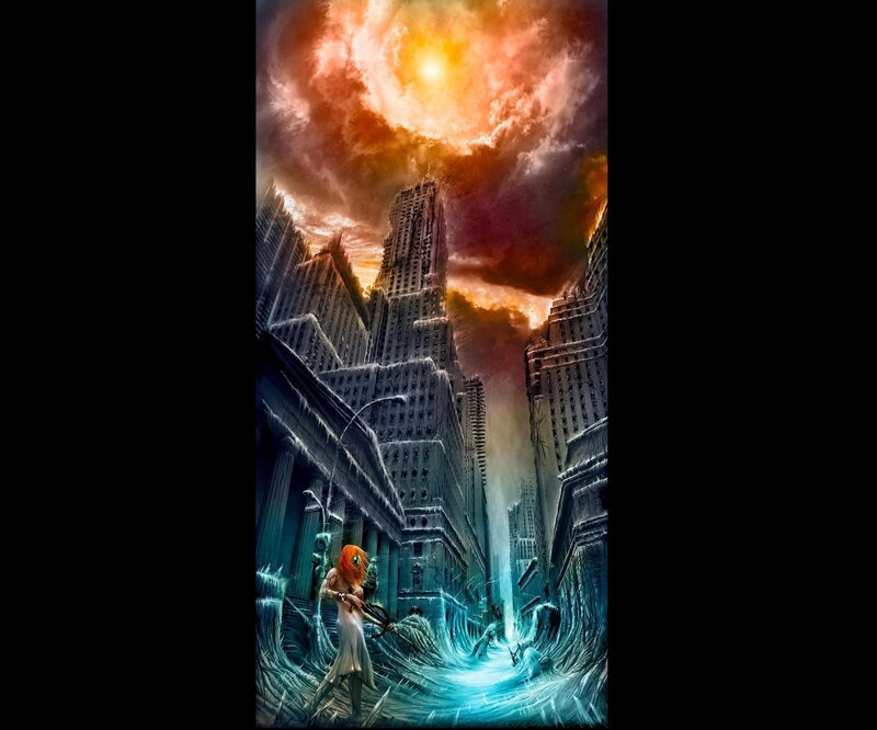 apocalyptic cityscape with warrior