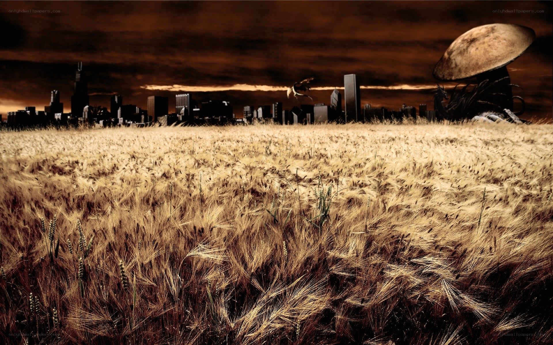 apocalyptic cityscape with wheat field