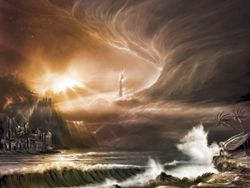 Apocalyptic coastal cityscape