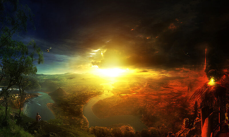 Apocalyptic landscape at sunset