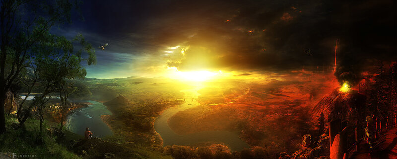 Apocalyptic landscape at sunset