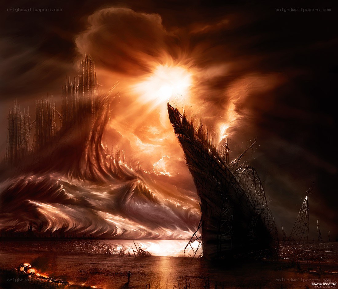 Apocalyptic landscape with burning city